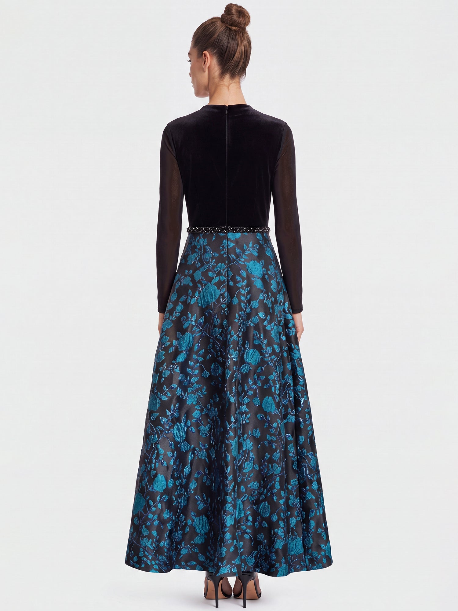 Langes Abendkleid aus Samt und Jacquard | schwarz-petrol
