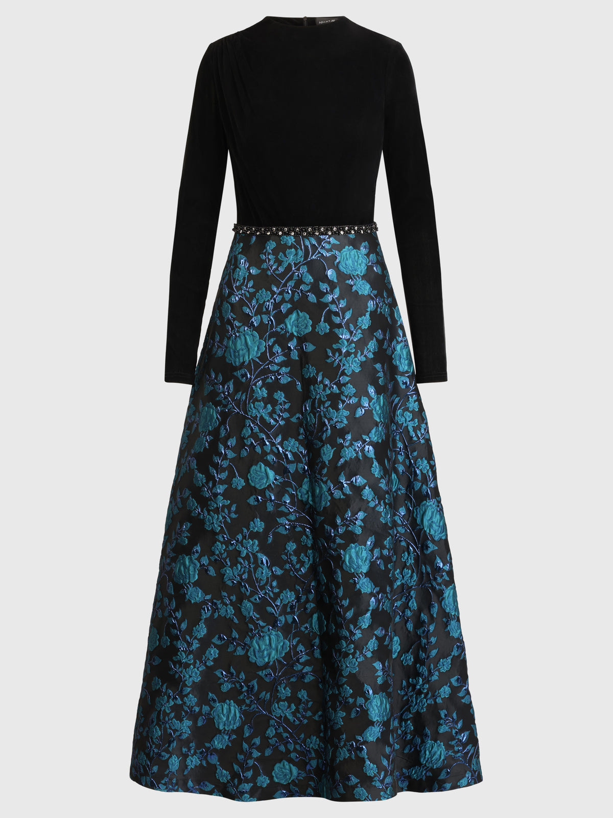 Langes Abendkleid aus Samt und Jacquard | schwarz-petrol