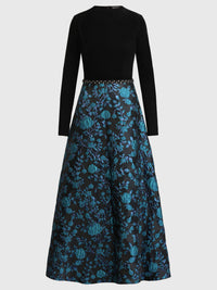 Langes Abendkleid aus Samt und Jacquard | schwarz-petrol