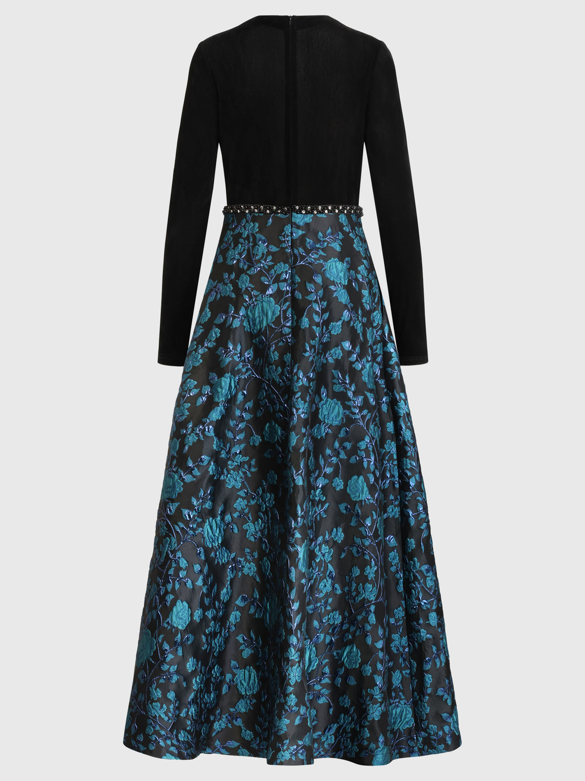 Langes Abendkleid aus Samt und Jacquard | schwarz-petrol