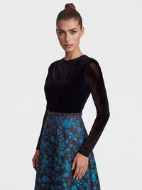 Langes Abendkleid aus Samt und Jacquard | schwarz-petrol