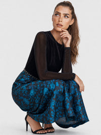 Langes Abendkleid aus Samt und Jacquard | schwarz-petrol