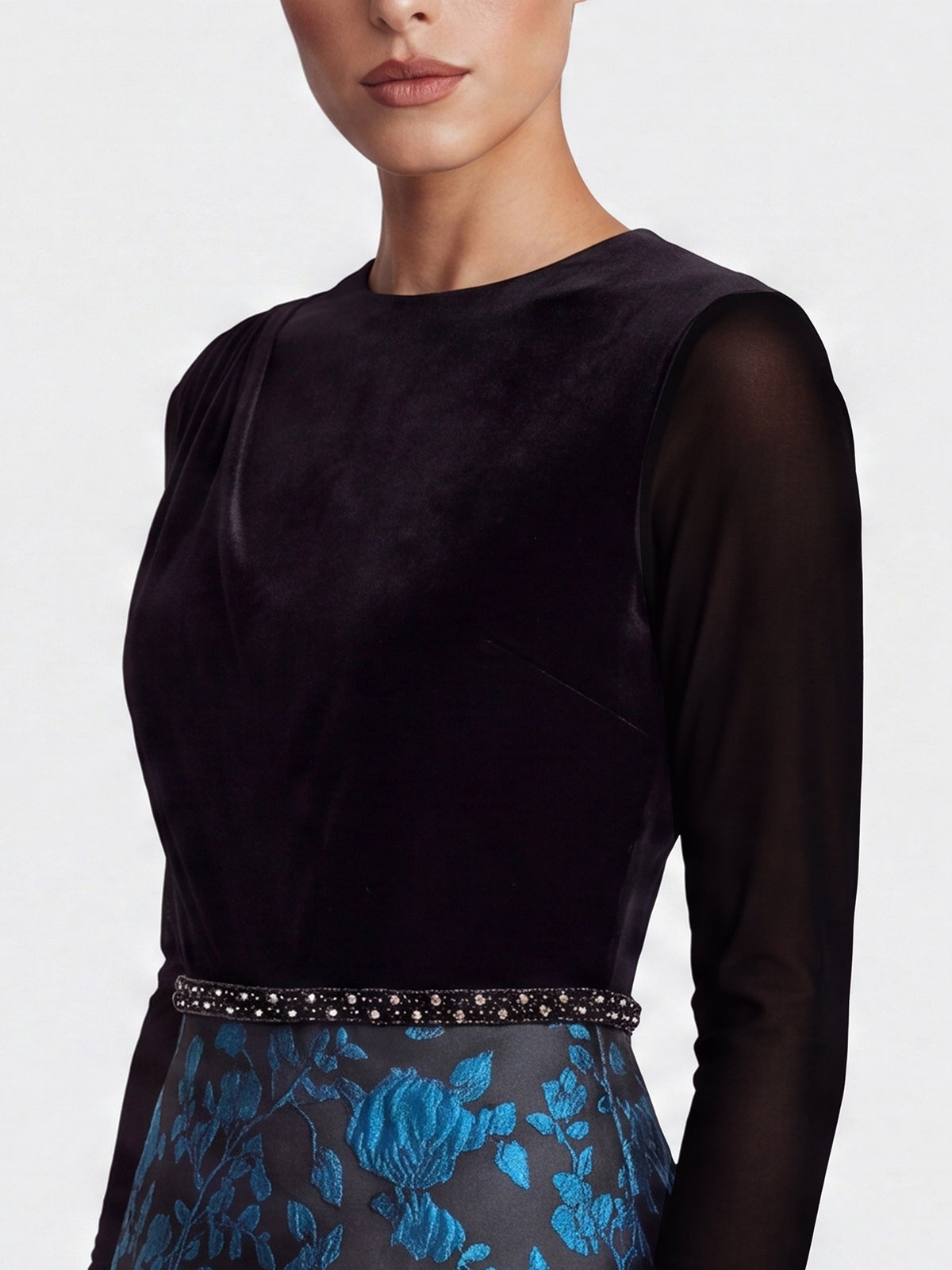 Langes Abendkleid aus Samt und Jacquard | schwarz-petrol