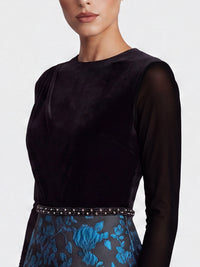 Langes Abendkleid aus Samt und Jacquard | schwarz-petrol