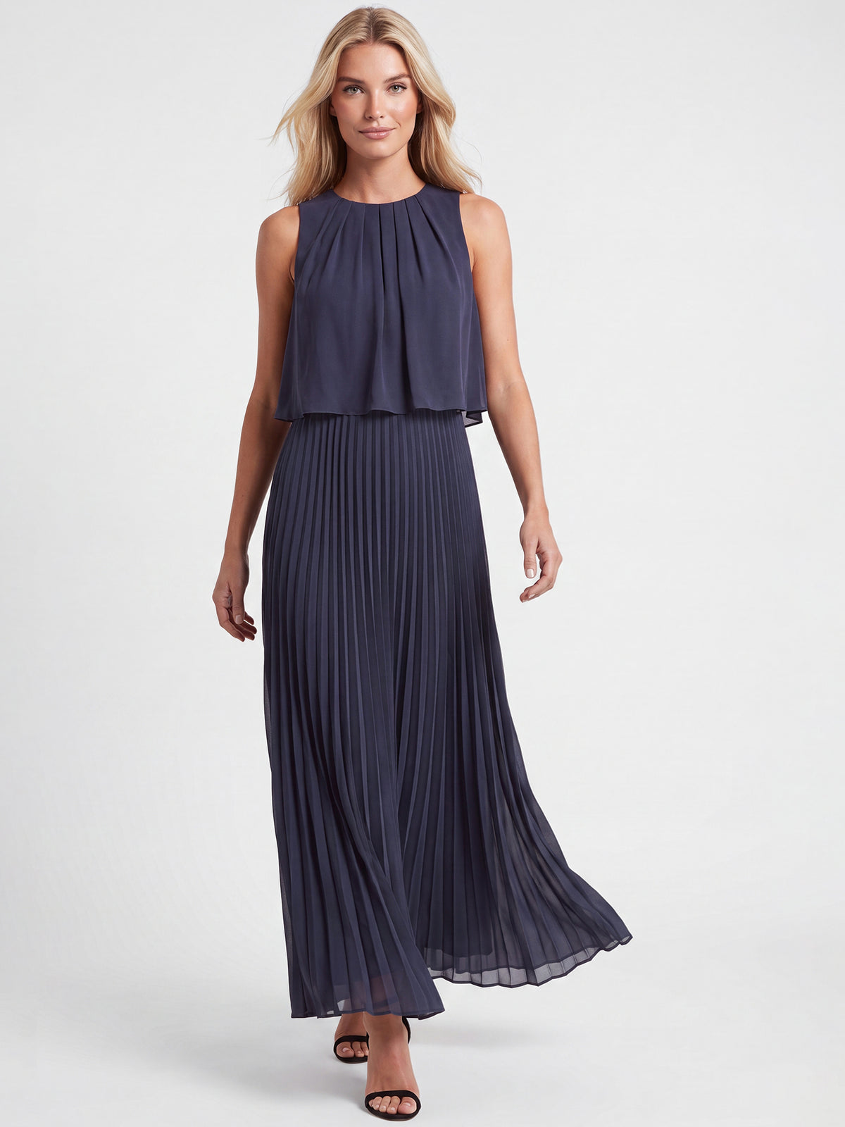 APART Ärmelloses Chiffonkleid mit Plisseerock | nachtblau