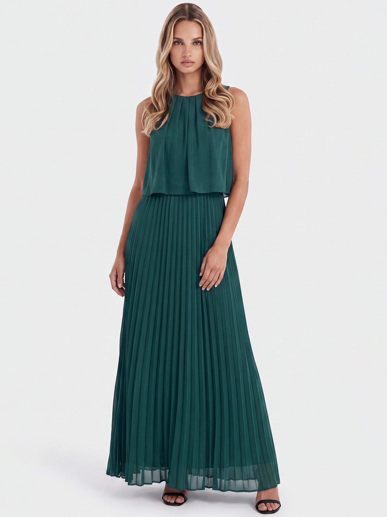APART Ärmelloses Chiffonkleid mit Plisseerock | emerald