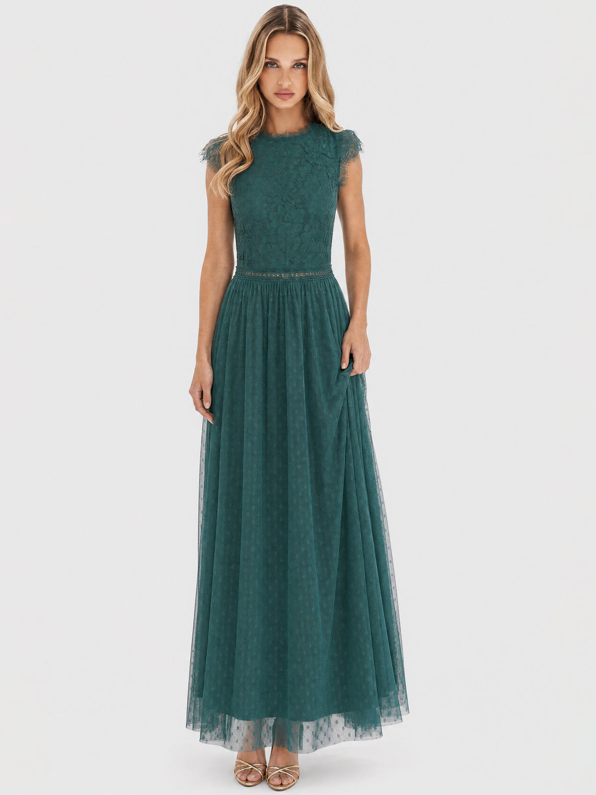 Kleid aus plastischer Spitze und weichem Tüll | emerald