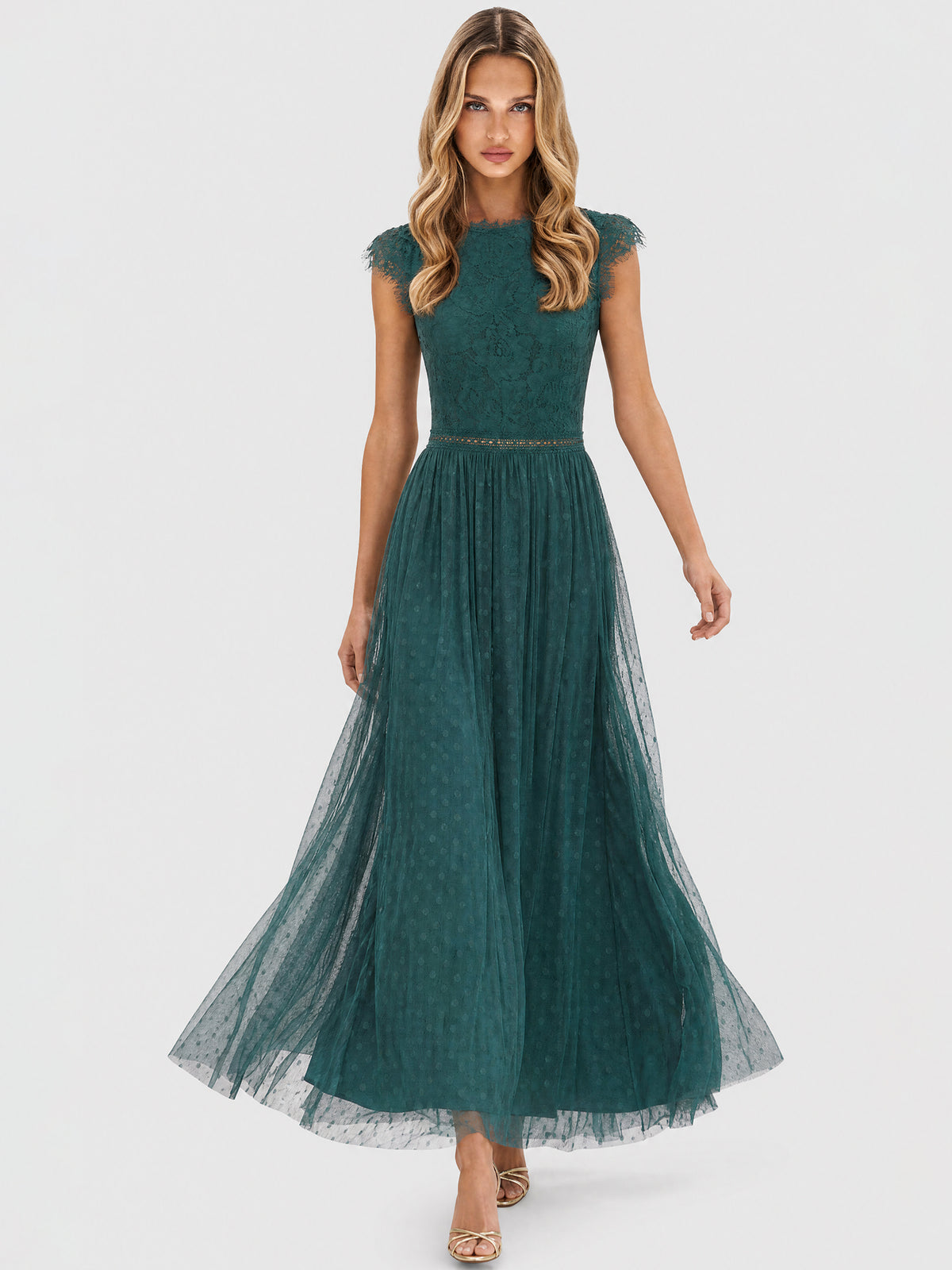 Kleid aus plastischer Spitze und weichem Tüll | emerald