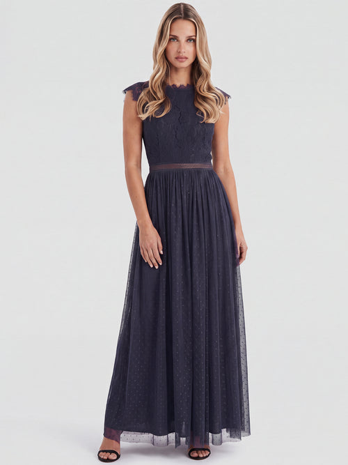 Kleid aus plastischer Spitze und weichem Tüll | nachtblau image 1