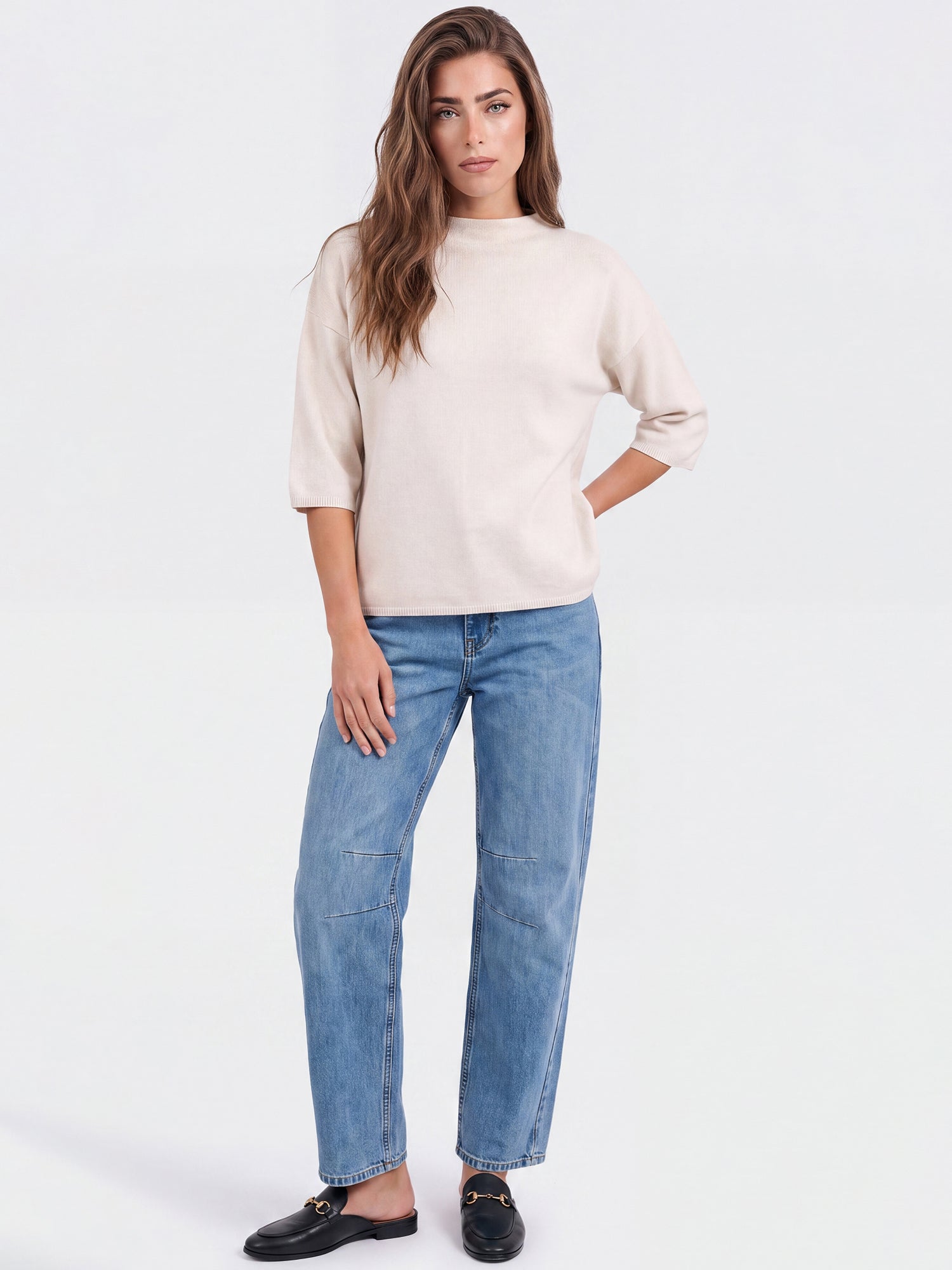 Legerer Pullover aus reiner Merinowoll mit Stehkragen | champagner