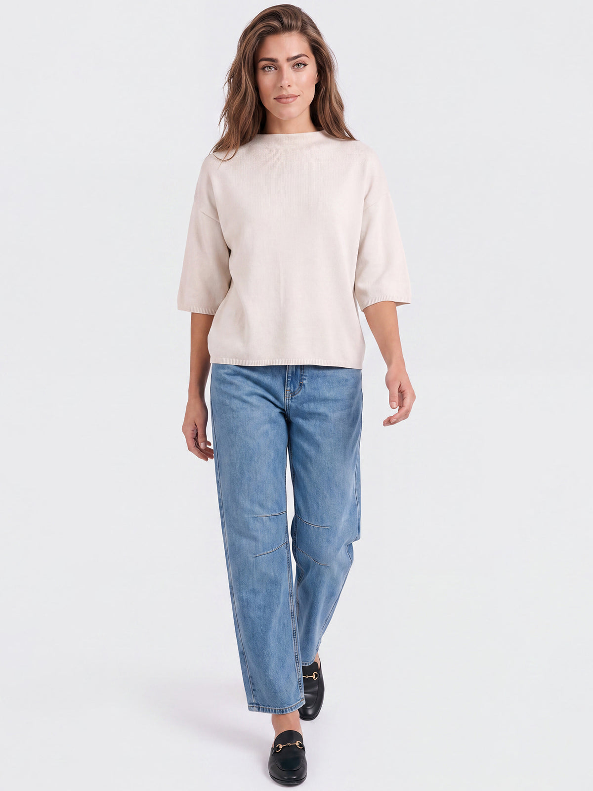 Legerer Pullover aus reiner Merinowoll mit Stehkragen | champagner