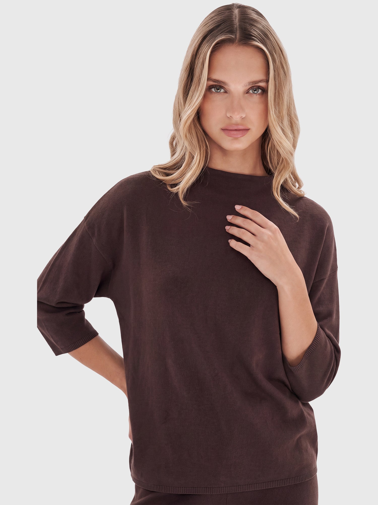 Legerer Pullover aus reiner Merinowoll mit Stehkragen | braun