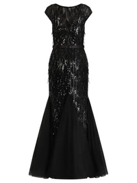 Kleid mit Paillettenstickerei und Tüll-Godets | schwarz