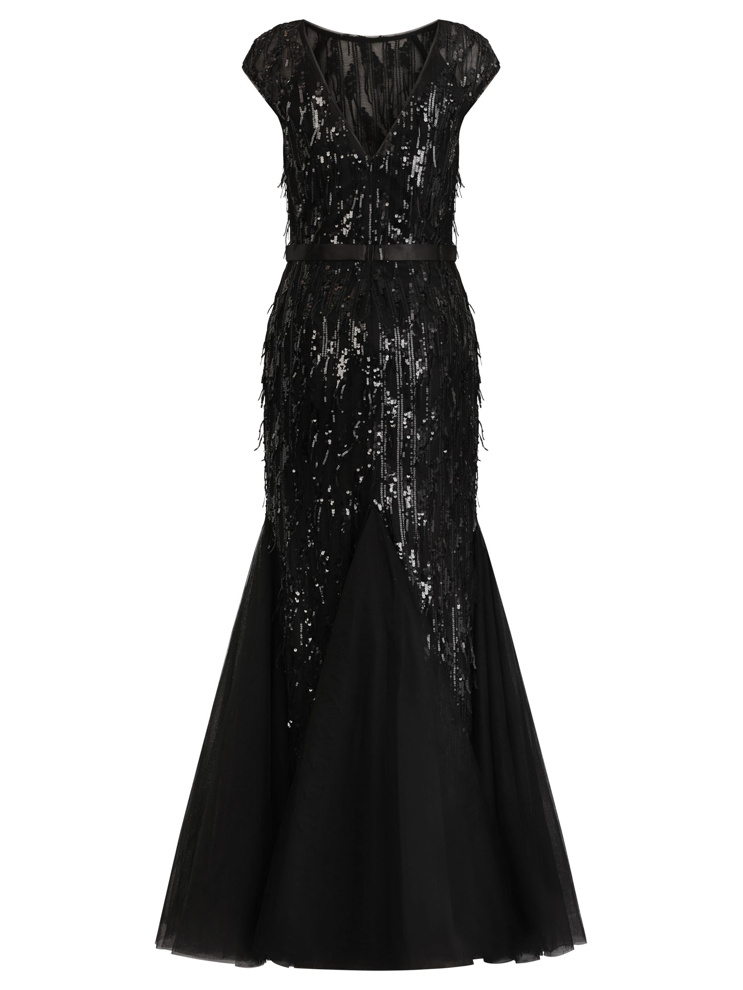 Kleid mit Paillettenstickerei und Tüll-Godets | schwarz