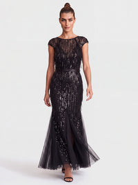 Kleid mit Paillettenstickerei und Tüll-Godets | schwarz