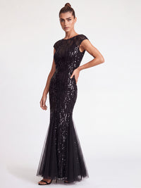 Kleid mit Paillettenstickerei und Tüll-Godets | schwarz