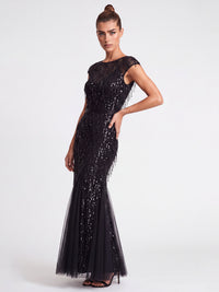 Kleid mit Paillettenstickerei und Tüll-Godets | schwarz