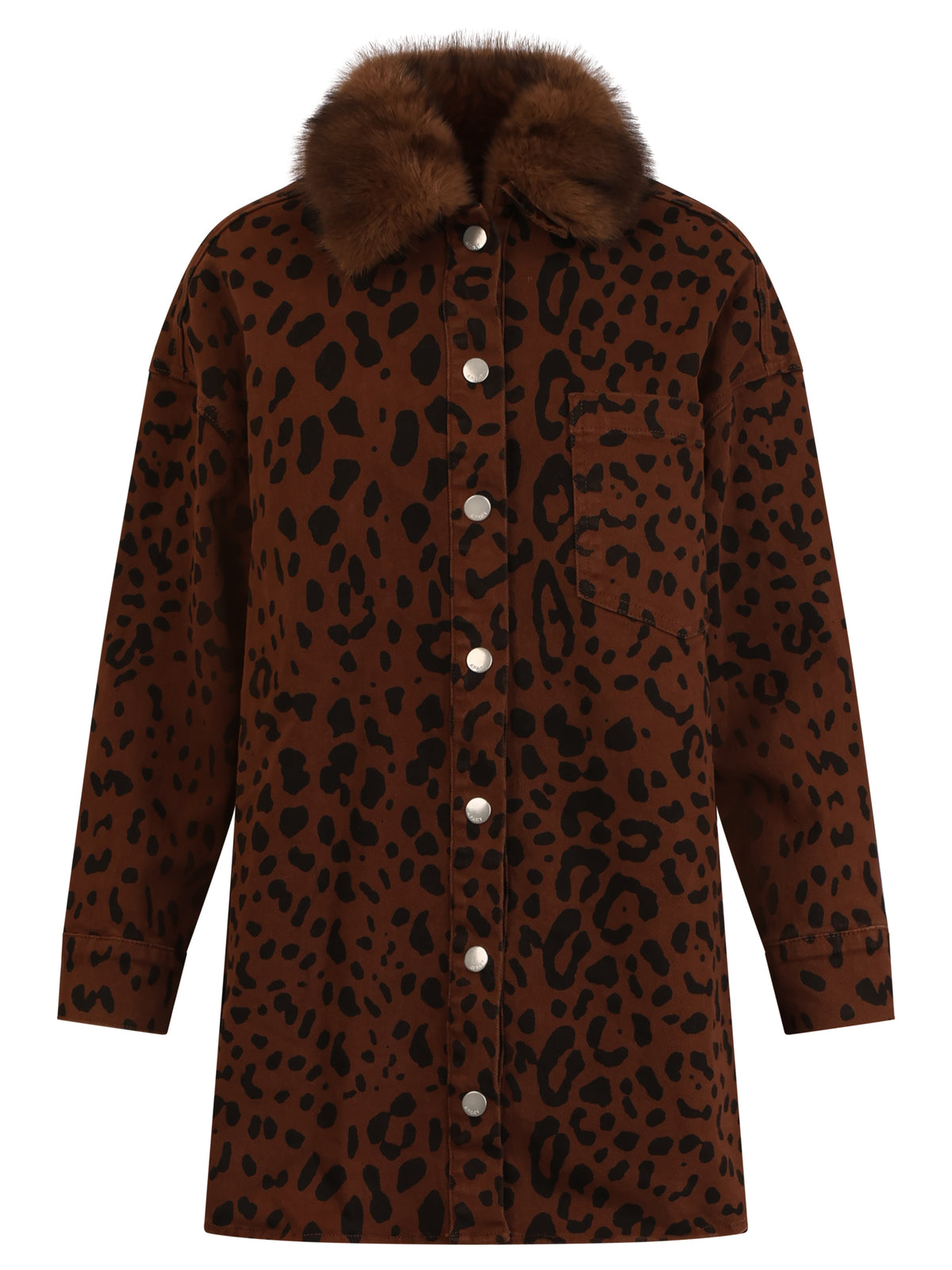 Oversized Jeansbluse mit Leoprint und abnehmbarem Kunstfellkragen | braun-schwarz