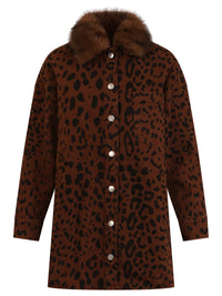 Oversized Jeansbluse mit Leoprint und abnehmbarem Kunstfellkragen | braun-schwarz