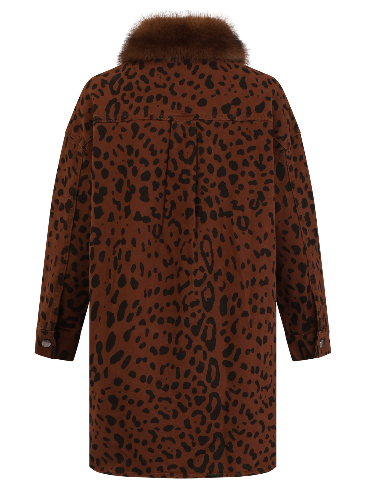 Oversized Jeansbluse mit Leoprint und abnehmbarem Kunstfellkragen | braun-schwarz