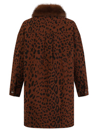 Oversized Jeansbluse mit Leoprint und abnehmbarem Kunstfellkragen | braun-schwarz