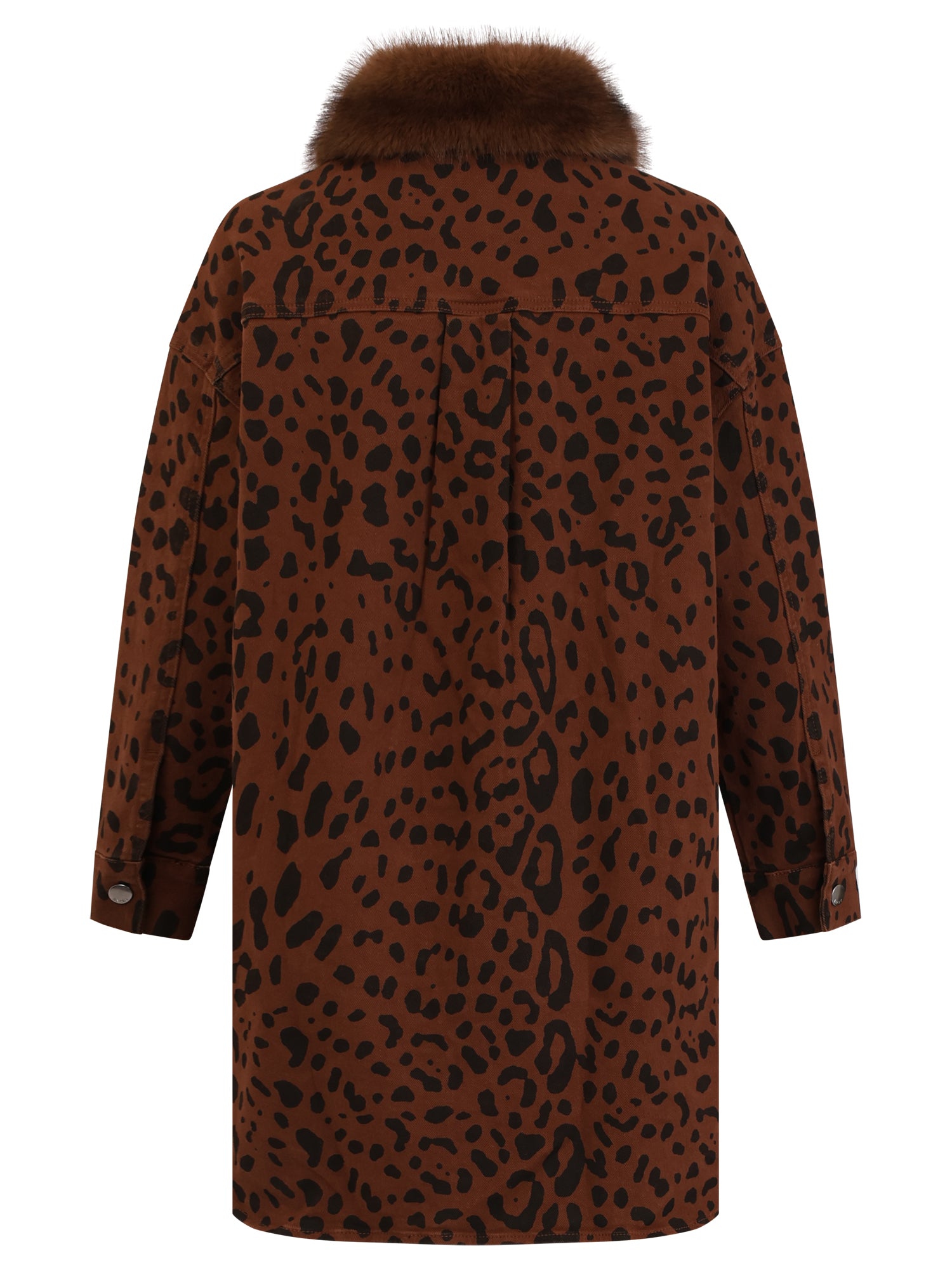 Oversized Jeansbluse mit Leoprint und abnehmbarem Kunstfellkragen | braun-schwarz