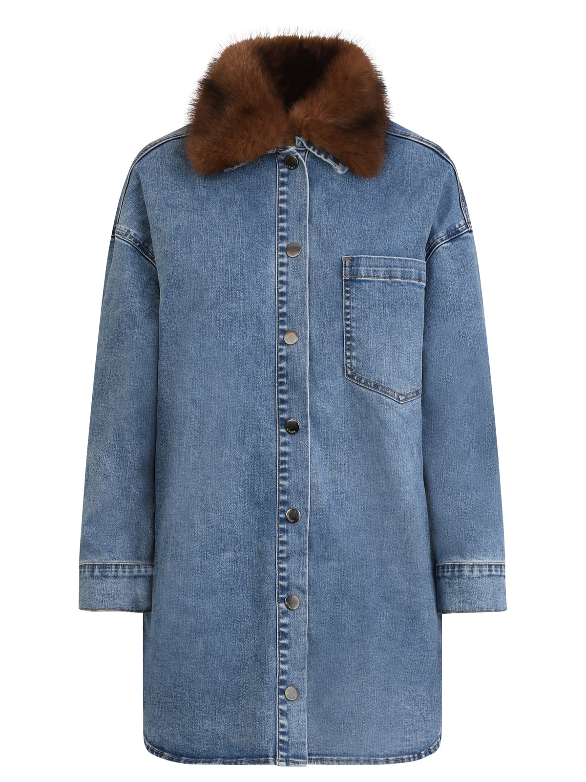 Oversized Jeansbluse mit abnehmbarem Kunstfellkragen | hellblau