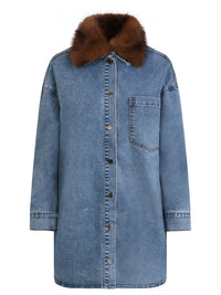 Oversized Jeansbluse mit abnehmbarem Kunstfellkragen | hellblau